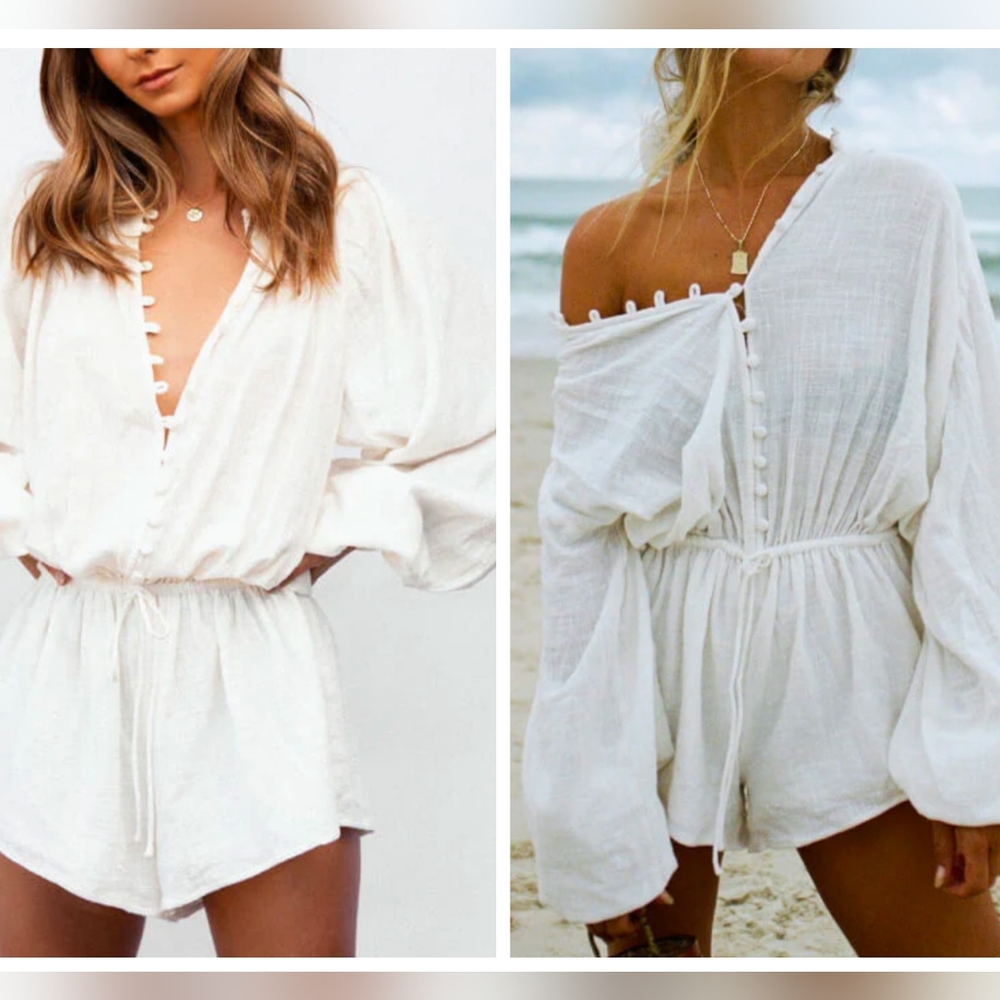Women's White Button-Front Long Sleeve Romper